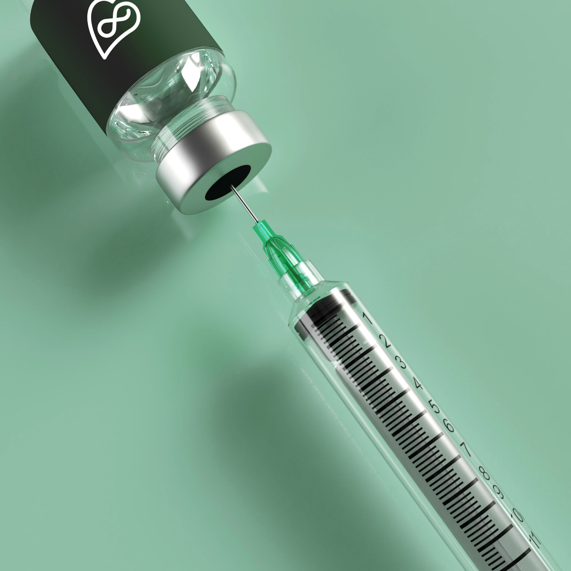 Glass medication vial with a dark green Evergreen cap beside a syringe drawing up a dose
